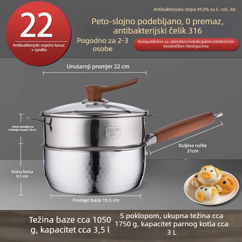 Lonac od nehrđajućeg čelika 316, japanski Yukihira stil, trostruko dno, bez premaza, za prehranu beba, juhe i tjesteninu