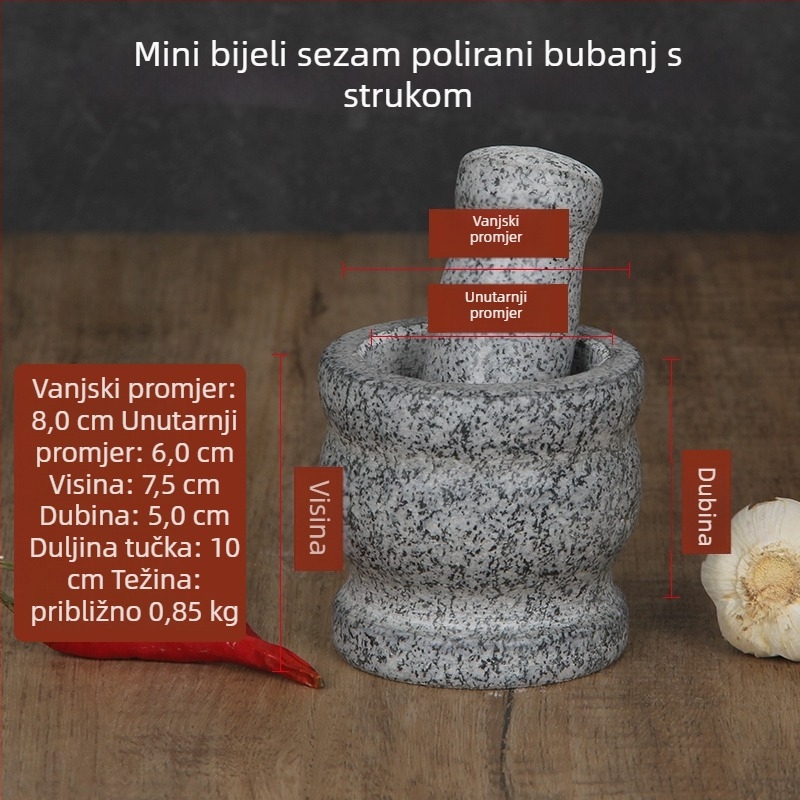 Kamen mortar i pestil za češnjak, bijela granit boja