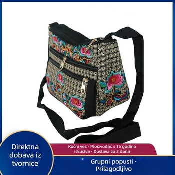 Kvadratna torbica s preklopom od platna, etničkim vezom, više pretinaca, crossbody torba