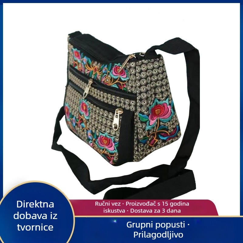 Kvadratna torbica s preklopom od platna, etničkim vezom, više pretinaca, crossbody torba