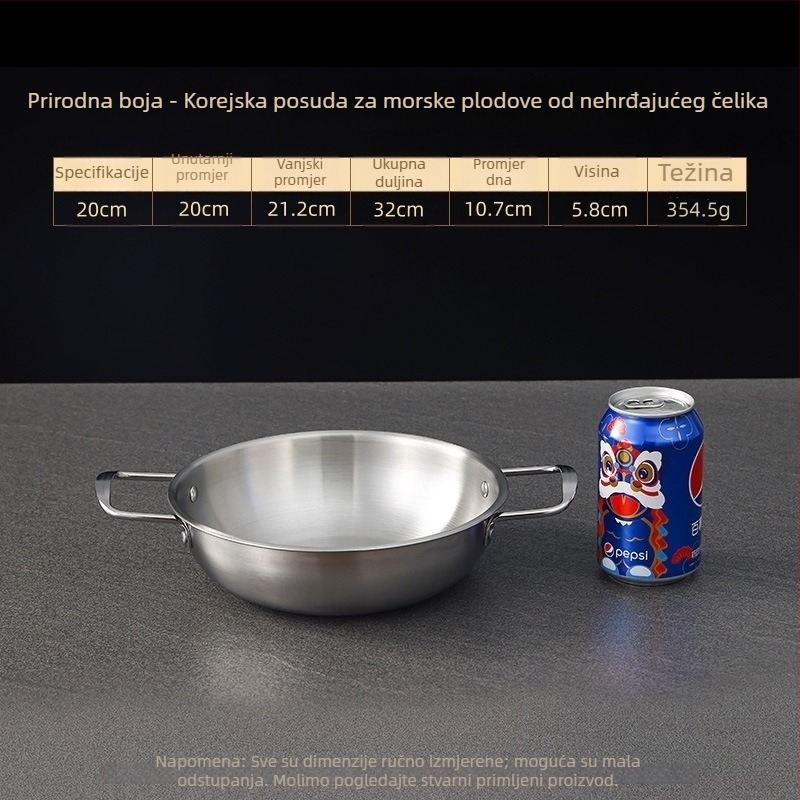 Korejskog stila lonac od nehrđajućeg čelika za plodove mora, suhi lonac s dvostrukim držačima, zlatne boje, lonac za ramen, juhu i rezance, plosnato dno, mini lonac