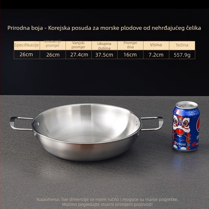 Korejskog stila lonac od nehrđajućeg čelika za plodove mora, suhi lonac s dvostrukim držačima, zlatne boje, lonac za ramen, juhu i rezance, plosnato dno, mini lonac