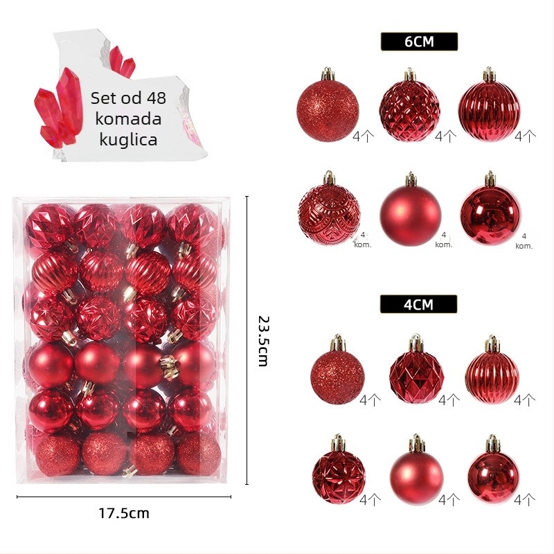 Set božićnih kuglica, 48 kom., kugle 4 cm i 6 cm, za ukrašavanje božićnog drvca, paket pozadine