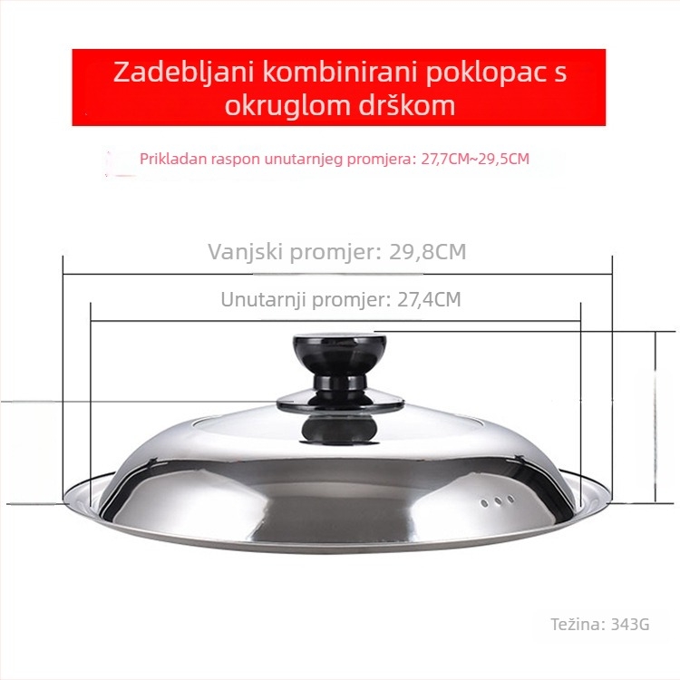 Manulife Debeli poklopac od nehrđajućeg čelika za wok, prozirni stakleni poklop s lukastim dizajnom, univerzalna veličina 26–40 cm