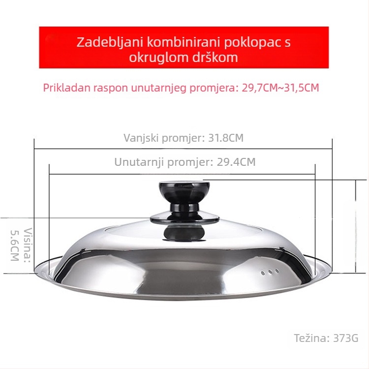 Manulife Debeli poklopac od nehrđajućeg čelika za wok, prozirni stakleni poklop s lukastim dizajnom, univerzalna veličina 26–40 cm