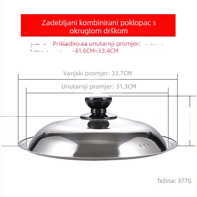 Manulife Debeli poklopac od nehrđajućeg čelika za wok, prozirni stakleni poklop s lukastim dizajnom, univerzalna veličina 26–40 cm
