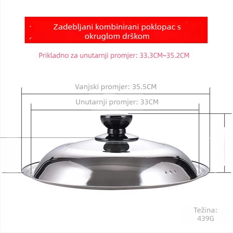 Manulife Debeli poklopac od nehrđajućeg čelika za wok, prozirni stakleni poklop s lukastim dizajnom, univerzalna veličina 26–40 cm