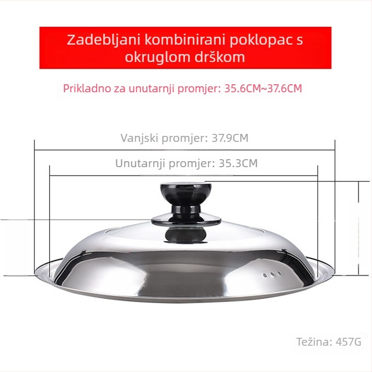 Manulife Debeli poklopac od nehrđajućeg čelika za wok, prozirni stakleni poklop s lukastim dizajnom, univerzalna veličina 26–40 cm