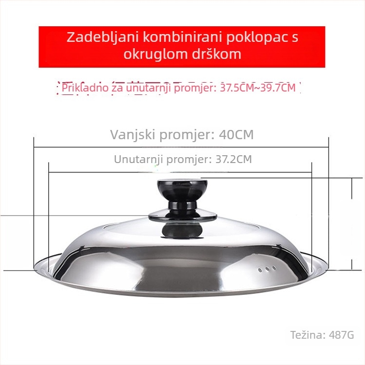 Manulife Debeli poklopac od nehrđajućeg čelika za wok, prozirni stakleni poklop s lukastim dizajnom, univerzalna veličina 26–40 cm