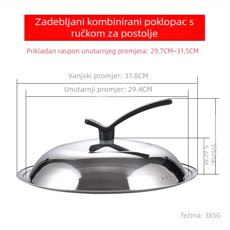 Manulife Debeli poklopac od nehrđajućeg čelika za wok, prozirni stakleni poklop s lukastim dizajnom, univerzalna veličina 26–40 cm