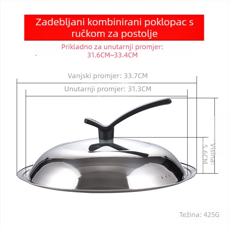Manulife Debeli poklopac od nehrđajućeg čelika za wok, prozirni stakleni poklop s lukastim dizajnom, univerzalna veličina 26–40 cm