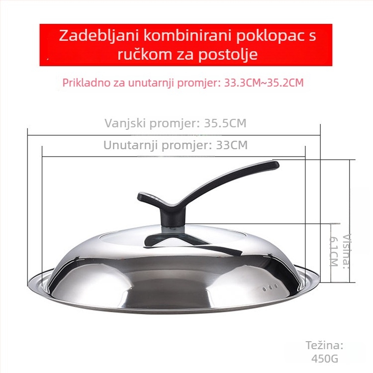 Manulife Debeli poklopac od nehrđajućeg čelika za wok, prozirni stakleni poklop s lukastim dizajnom, univerzalna veličina 26–40 cm