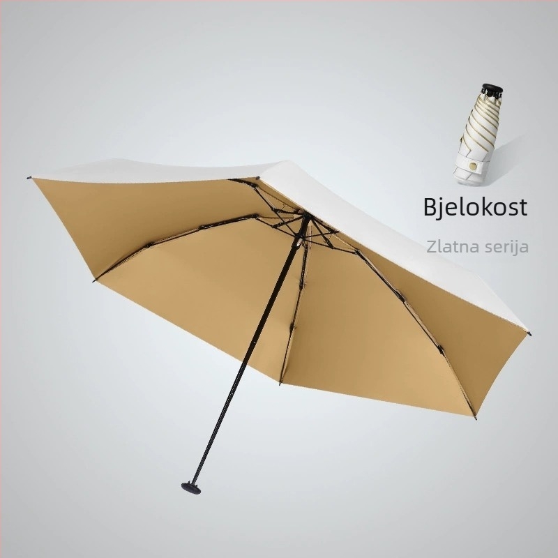 Zlatni mini kišobran s 6 rebara, petsegmentni sklopivi dizajn, UV zaštita UPF > 50, 190T platno, ručno otvaranje, gumena drška, šipka od legure, mogućnost otiska logotipa i prilagodbe, savršen poklon