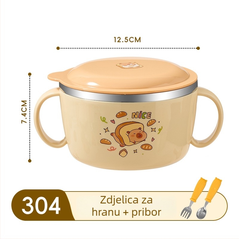 Dječja zdjela od 316 nerđavog čelika s poklopcem i dvjema ručkama, izolirana posuda za dječju hranu, otporna na padove.
