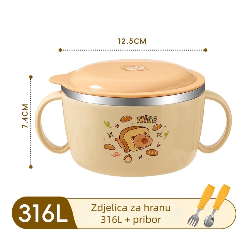 Dječja zdjela od 316 nerđavog čelika s poklopcem i dvjema ručkama, izolirana posuda za dječju hranu, otporna na padove.