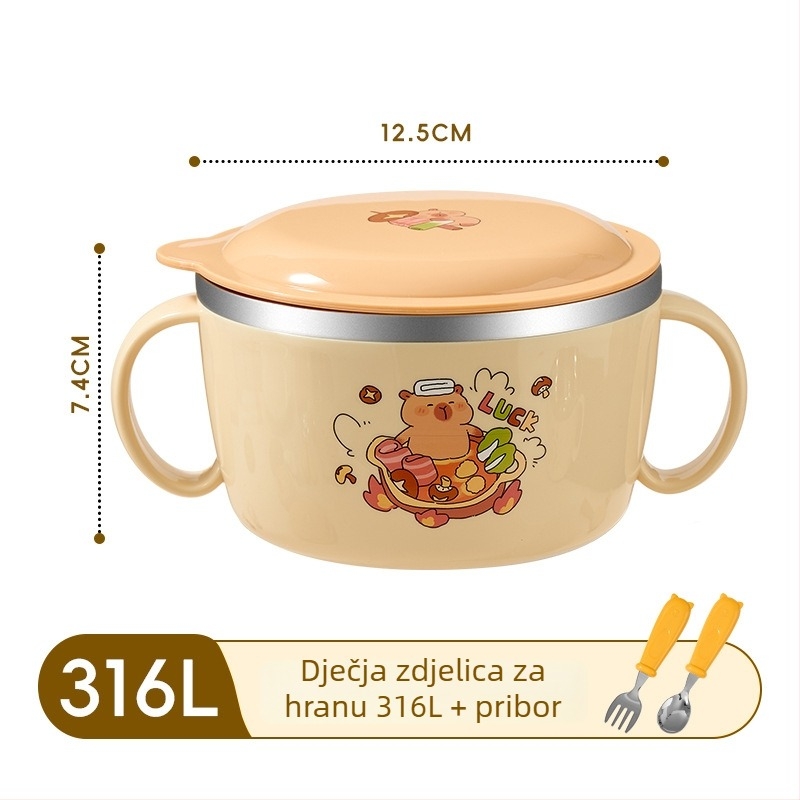Dječja zdjela od 316 nerđavog čelika s poklopcem i dvjema ručkama, izolirana posuda za dječju hranu, otporna na padove.