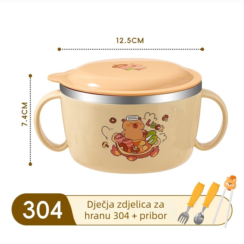 Dječja zdjela od 316 nerđavog čelika s poklopcem i dvjema ručkama, izolirana posuda za dječju hranu, otporna na padove.