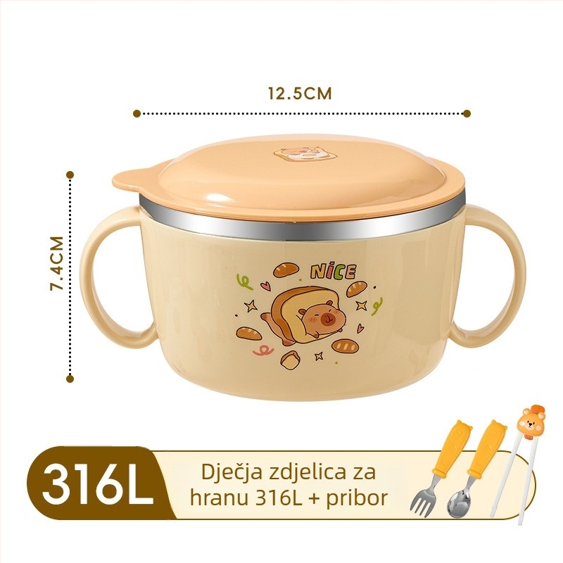 Dječja zdjela od 316 nerđavog čelika s poklopcem i dvjema ručkama, izolirana posuda za dječju hranu, otporna na padove.