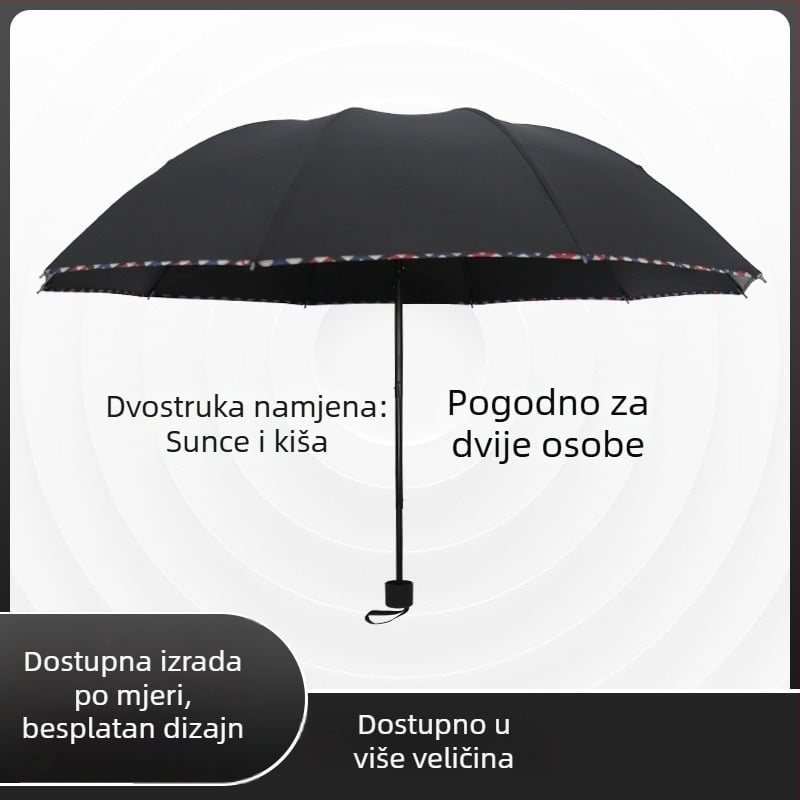 Kišobran s kariranim rubom, deset rebara, otporan na vjetar, sklopivi, dvostruki za sunce i kišu, UPF 30+