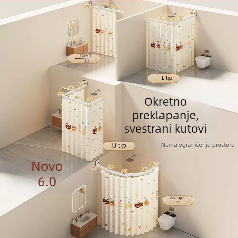 Sklopiva tuš zavjesa sa usisnim čašicama, bez bušenja rupa, vodootporna pregrada kupaonice za odvajanje suhog i mokrog