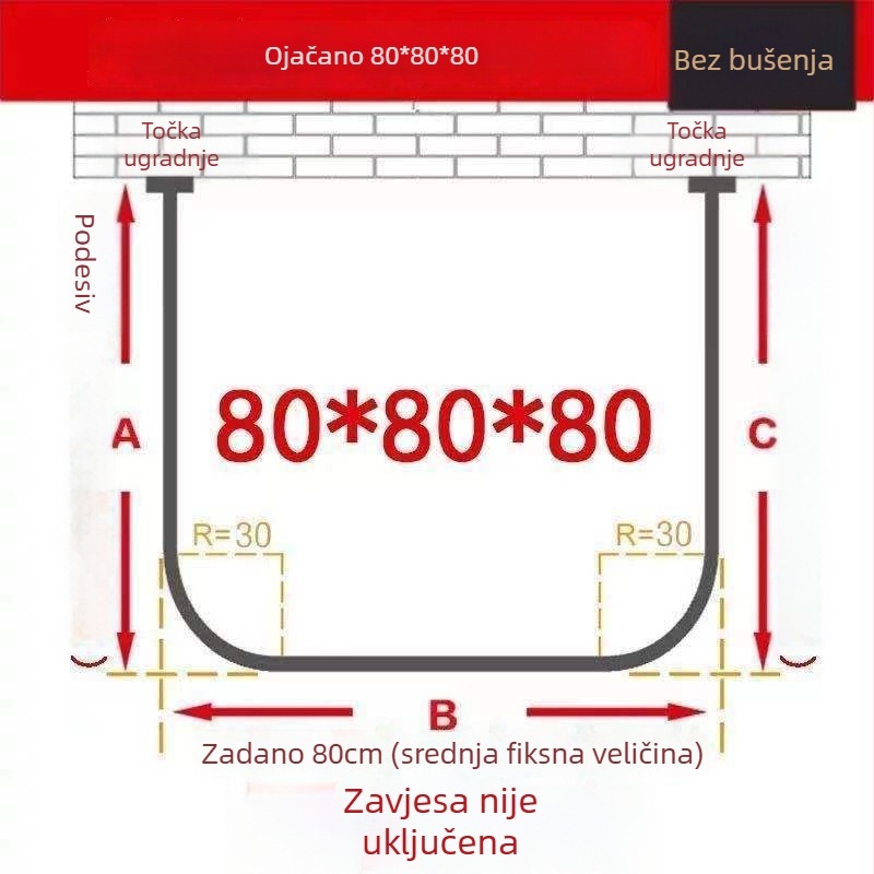 U‑oblik tuš šipka bez bušenja, proširiva, vodootporna i otporna na plijesan za kupaonicu