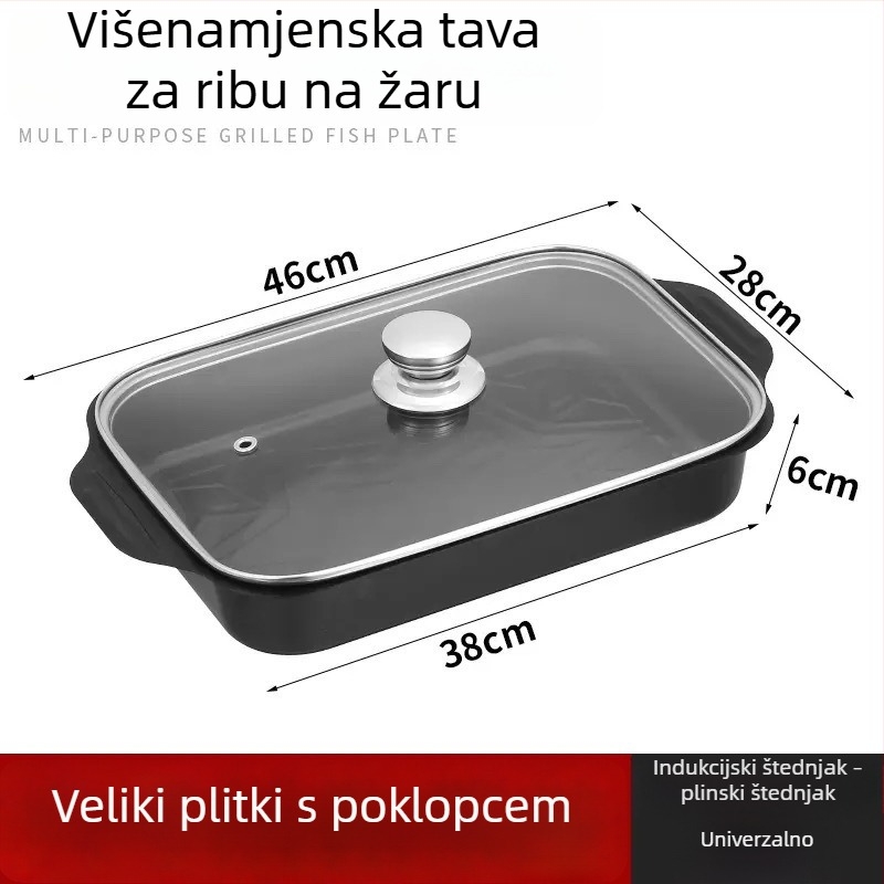Pravougaona tava za roštiljiranje ribe, kompatibilna s indukcijskim pločama – karbonsko čelična, vanjska roštiljska ploča, komercijalna kvaliteta