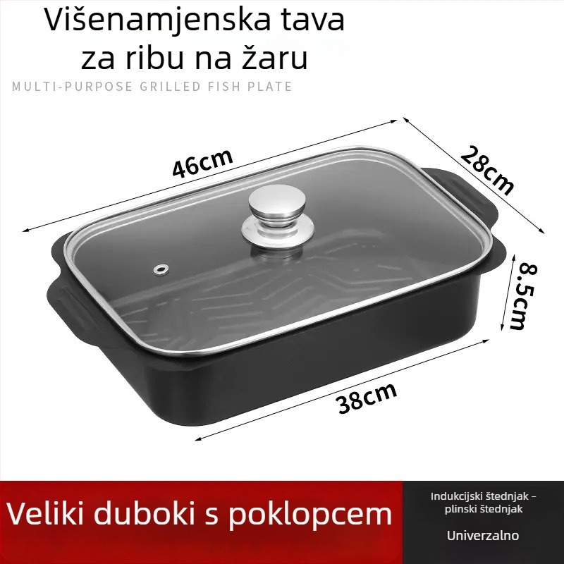 Pravougaona tava za roštiljiranje ribe, kompatibilna s indukcijskim pločama – karbonsko čelična, vanjska roštiljska ploča, komercijalna kvaliteta