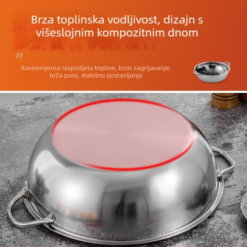 Nerđajući čelik debela posuda za juhu s ravnim dnom, velikog promjera, dvostruke ručke, kapacitet 2,1–4 L, kompatibilno s indukcijskim štednjakom