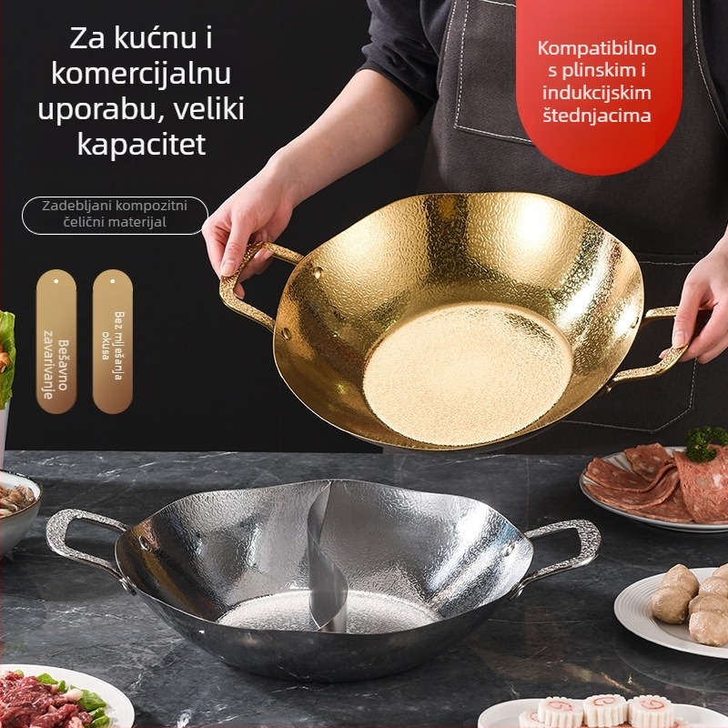 Nehrđajući čelik, trostruki sloj za hot pot s kovanim uzorkom lišća lotosa iznutra i izvana, Yin‑Yang lonac za prozirnu juhu