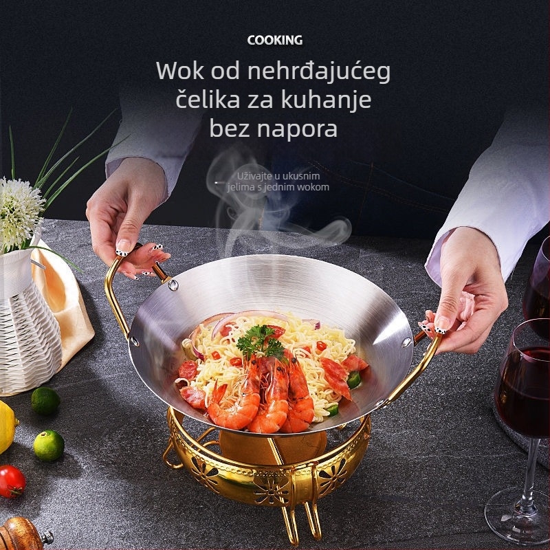 Ne-magnetično nehrđajuće čelično, korejskog stila suhi lonac s pozlaćenim ručkama, ploča za suhi lonac, alkoholni plamenik, mali lonac, debeli dno, za restorane