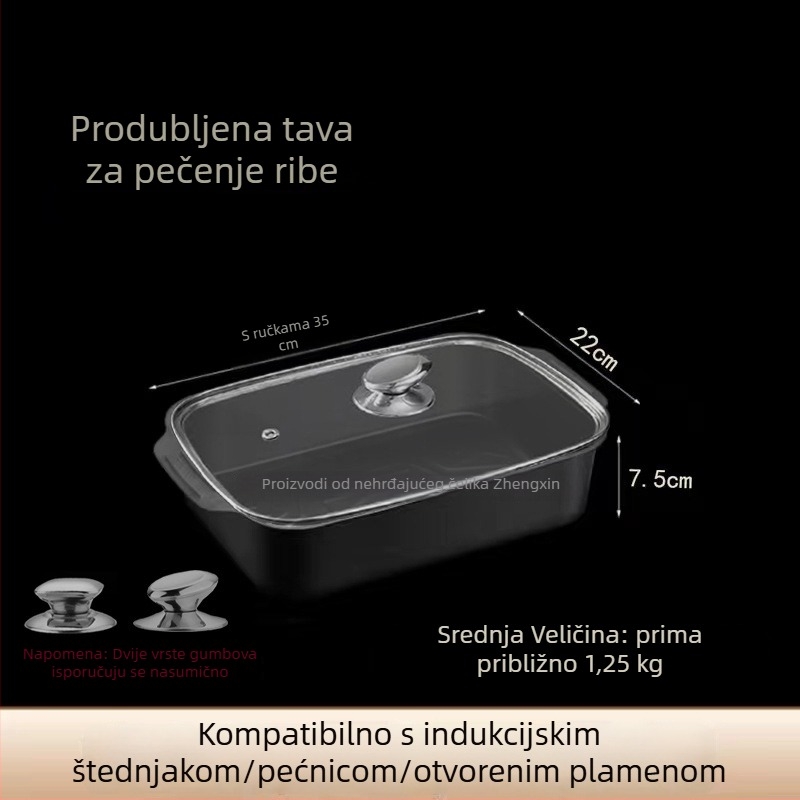 Duboka neprijanjajuća tava za ribu, velik kapacitet, pravokutnog oblika, pogodna za indukcijske ploče, od ugljičnog čelika