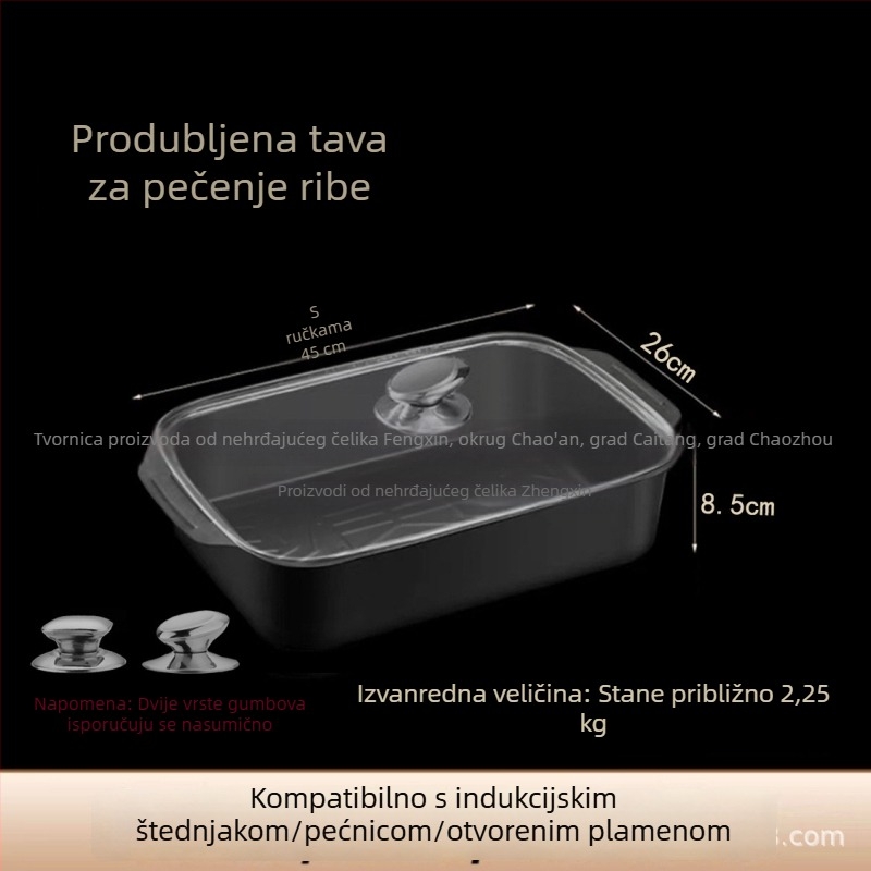 Duboka neprijanjajuća tava za ribu, velik kapacitet, pravokutnog oblika, pogodna za indukcijske ploče, od ugljičnog čelika
