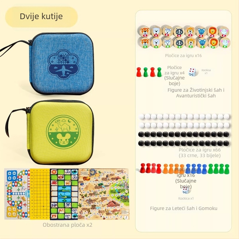 Mini džepni set društvenih igara: Gomoku, Beast Chess, Flying Chess, Adventure Chess, Snake Chess, Dama za dvije osobe, Obrazovna društvena igra