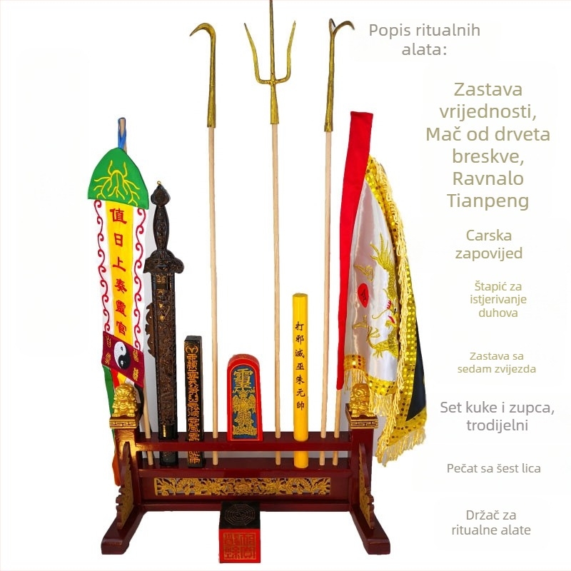 Taoiški ritualni set instrumenata s kukama i vilicama, zastavama i bazom, oltarne alate, talisman i pečati te tokeni, 55 cm, srednja veličina