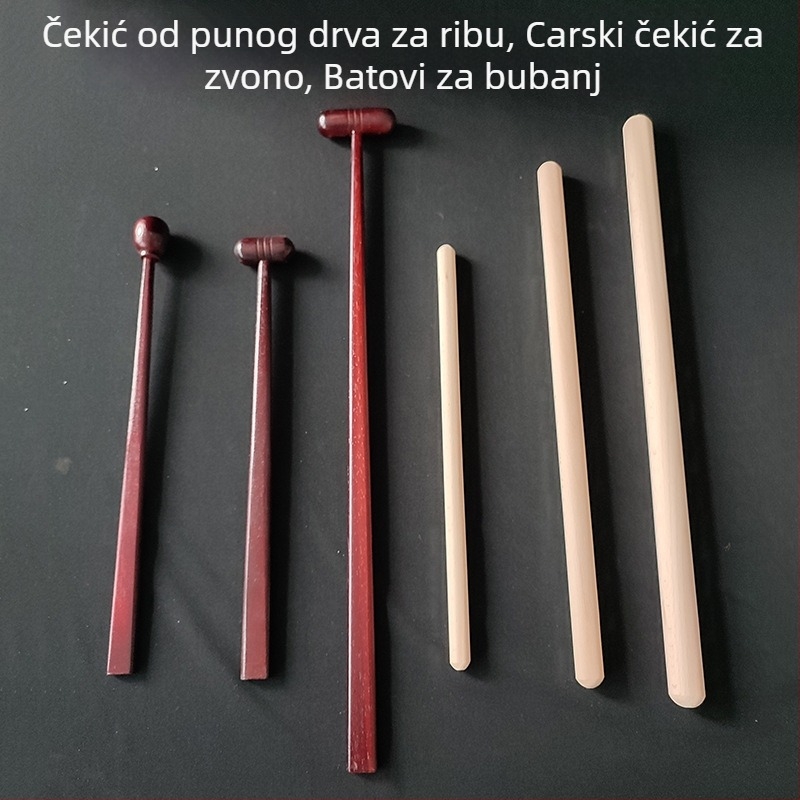 Set perkusijskih instrumenata od masivnog drveta za hram — drveni čekići za drvenu ribu i tamburin