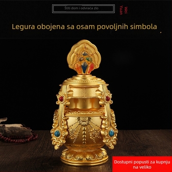 Oslikana Mani boca s osam blagoslovljenim simbolima i lotosom, tantra, pozlaćeni liturgijski alat, izvrsna izrada