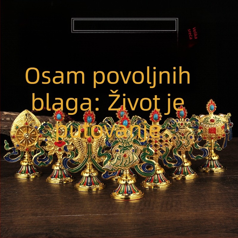 Tibetanski budistički set s osam blagoslovljenih simbola i tantričkim ritualnim predmetima za Budin oltar