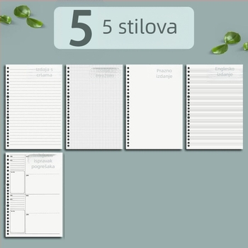 Refil za bilježnicu s listovima: B5 26 rupa; odvojivi listovi; A5 linijske stranice; A6 mrežaste stranice s 20 rupa; 60 listova