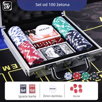 Set od 100 plastičnih čipova u aluminijskoj kutiji za Mahjong, Baccarat i Texas Hold'em poker