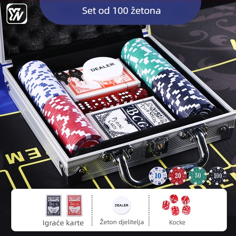 Set od 100 plastičnih čipova u aluminijskoj kutiji za Mahjong, Baccarat i Texas Hold'em poker