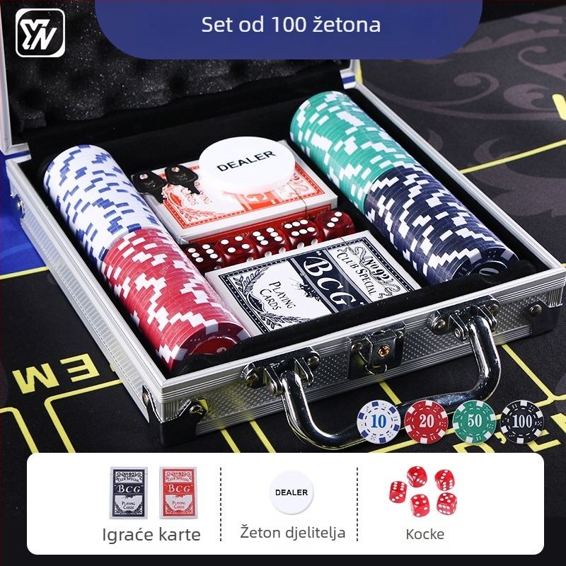 Set od 100 plastičnih čipova u aluminijskoj kutiji za Mahjong, Baccarat i Texas Hold'em poker