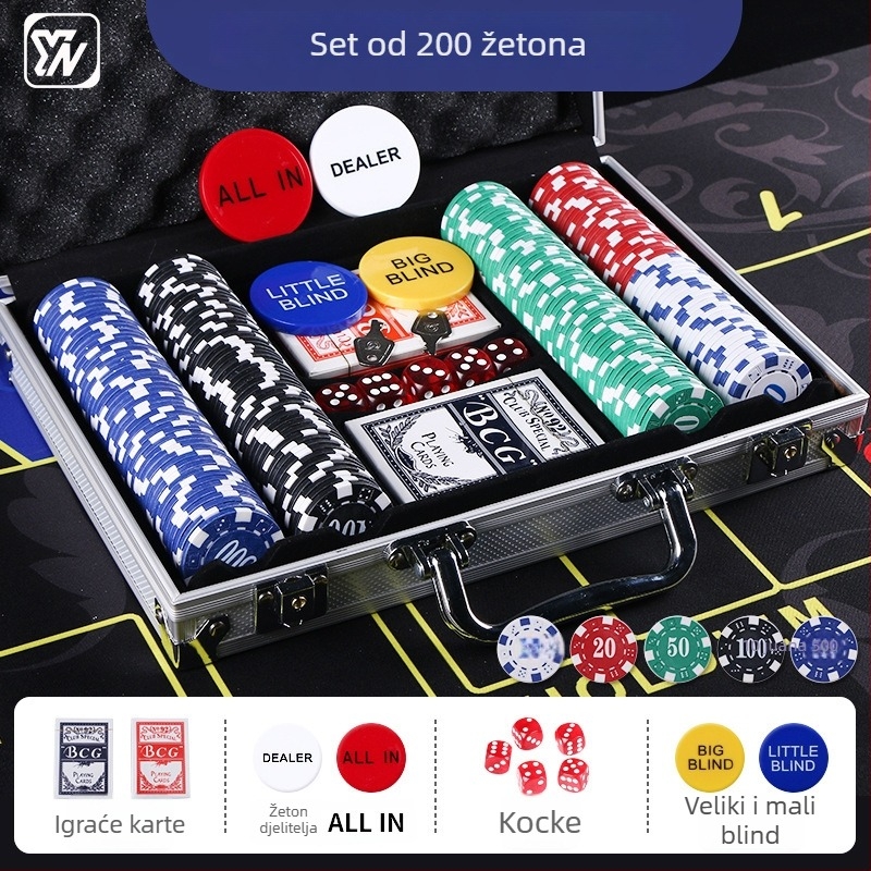 Set od 100 plastičnih čipova u aluminijskoj kutiji za Mahjong, Baccarat i Texas Hold'em poker
