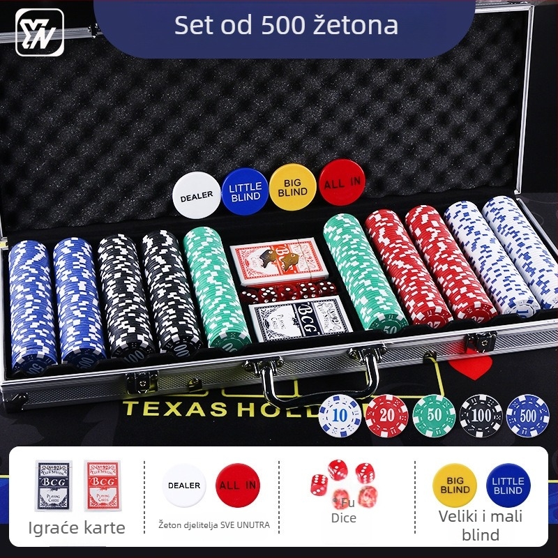 Set od 100 plastičnih čipova u aluminijskoj kutiji za Mahjong, Baccarat i Texas Hold'em poker