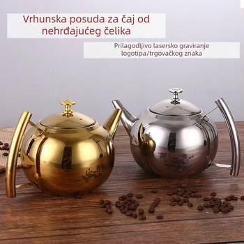 Čajnik od nehrđajućeg čelika, debeli stijenkovi, zlatne boje, namijenjen komercijalnim restoranima i hotelima, s filtrom.