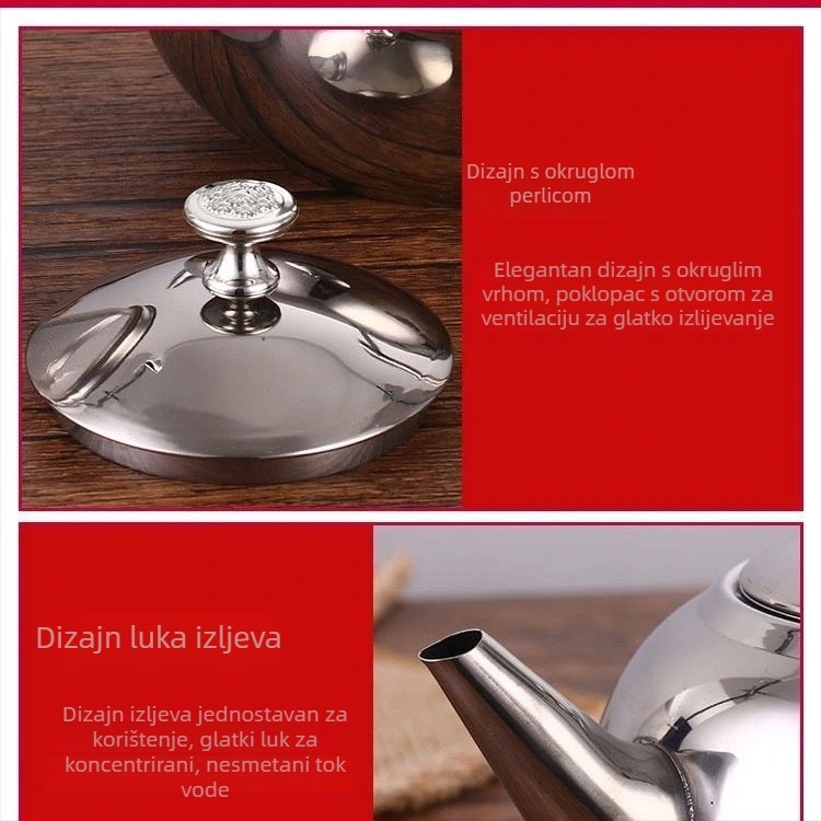 Čajnik od nehrđajućeg čelika, debeli stijenkovi, zlatne boje, namijenjen komercijalnim restoranima i hotelima, s filtrom.
