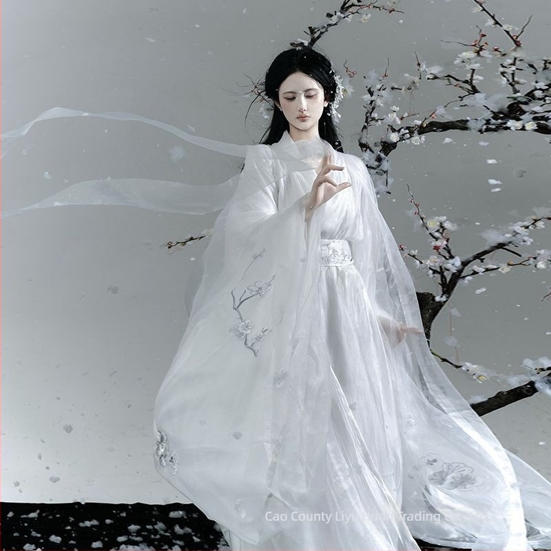 Hanfu elegantna duga haljina s vezom, široki rukavi, dvostruki ovratnik, žakard s motivom cvjetova šljive