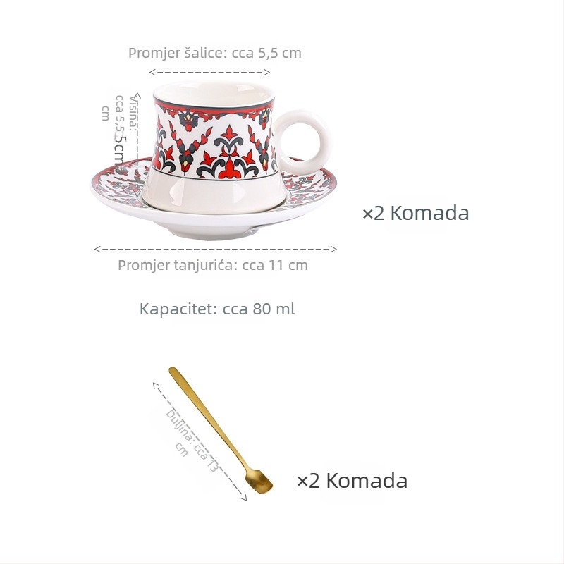 Set espreso šalice u turskom stilu s keramičkim šalicama i tanjurićima sa zlatnim obrubom, europski stil mali luksuz za poslijepodnevni čaj, blago defektan
