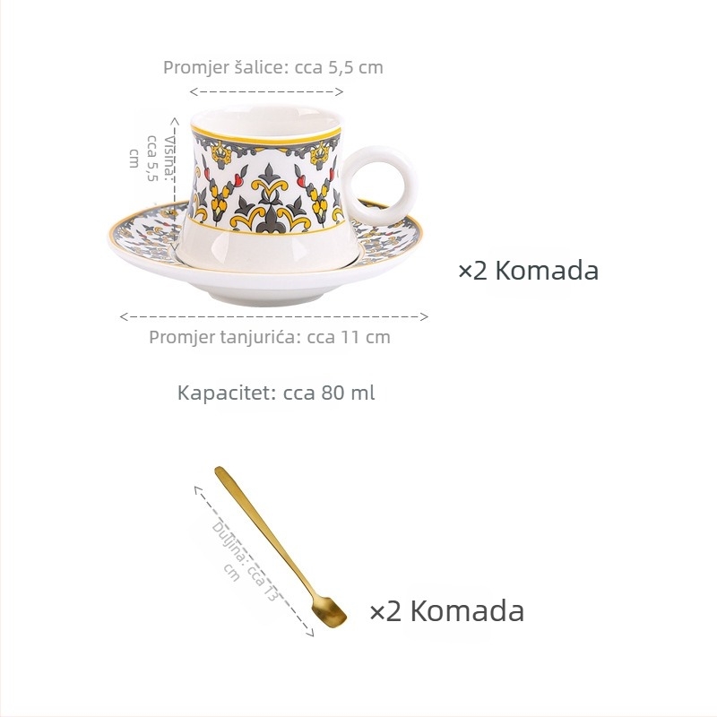 Set espreso šalice u turskom stilu s keramičkim šalicama i tanjurićima sa zlatnim obrubom, europski stil mali luksuz za poslijepodnevni čaj, blago defektan