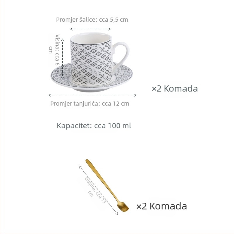 Set espreso šalice u turskom stilu s keramičkim šalicama i tanjurićima sa zlatnim obrubom, europski stil mali luksuz za poslijepodnevni čaj, blago defektan
