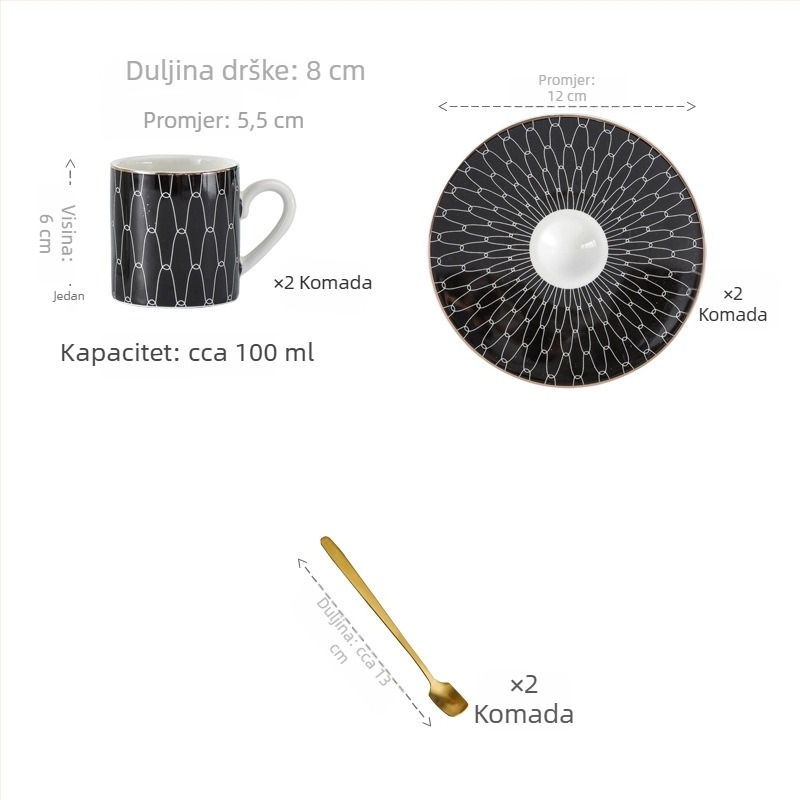 Set espreso šalice u turskom stilu s keramičkim šalicama i tanjurićima sa zlatnim obrubom, europski stil mali luksuz za poslijepodnevni čaj, blago defektan